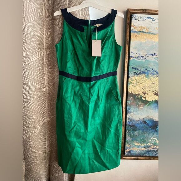 Boden Kelly Linen Sleeveless Notch Neck Shift Dress Size 4R Green Pockets NWT - Picture 2 of 12